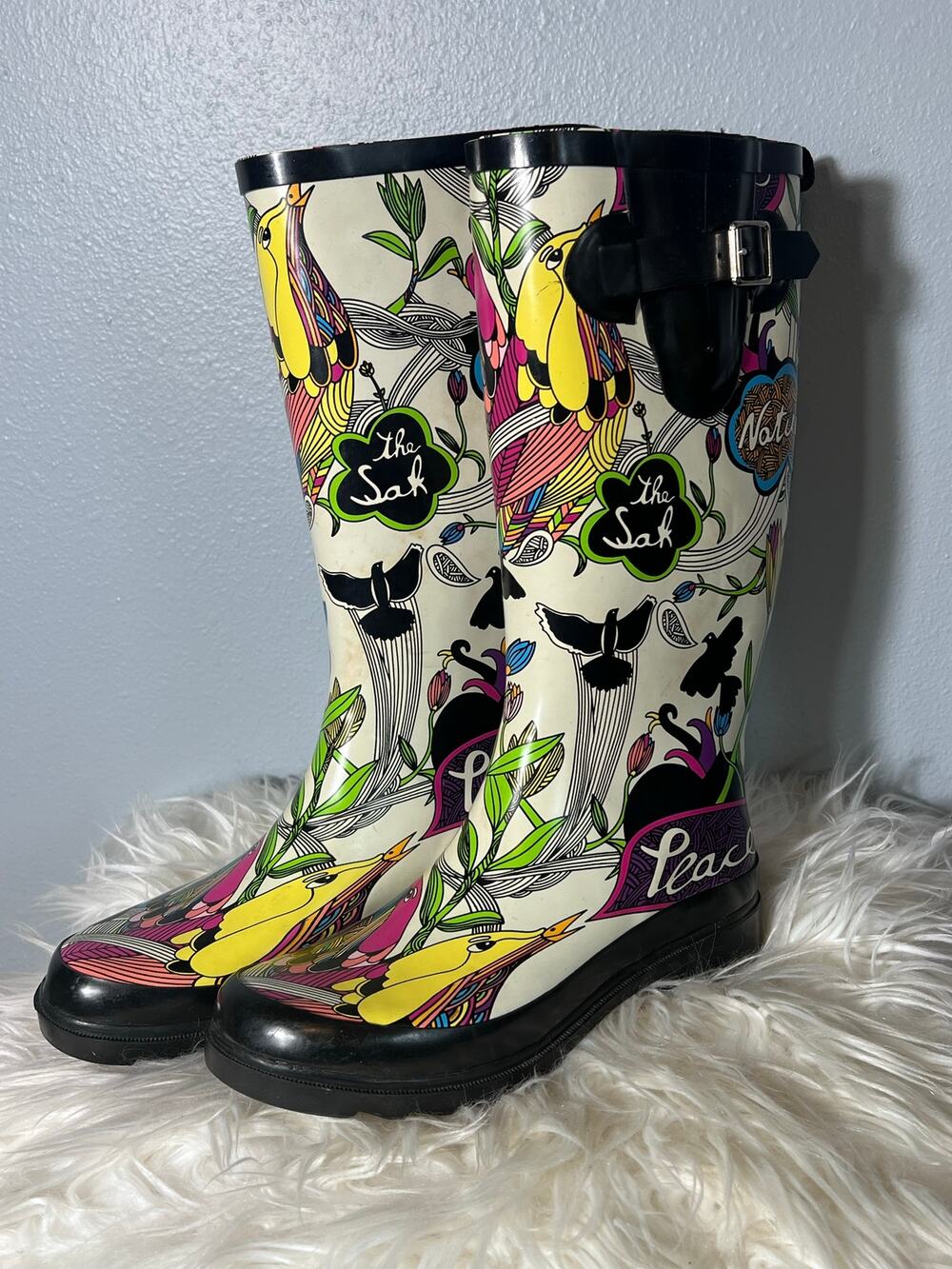 The Sak Women’s Sz 6 Rain Boots Wearable Art Teacher Winter Tall Peace Hippie